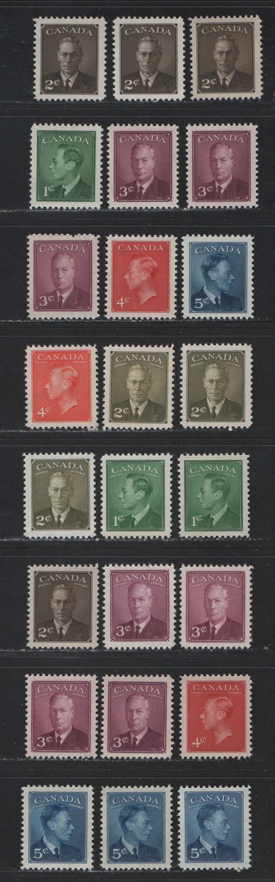 Lot 459 Canada #284-293, 305-306 1c-5c Green - Vermilion King George VI & Drying Furs, 1949-1952 Postes-Postage Issue, 24 VFNH Singles With Different Paper & Gum Types, As Well As Shades