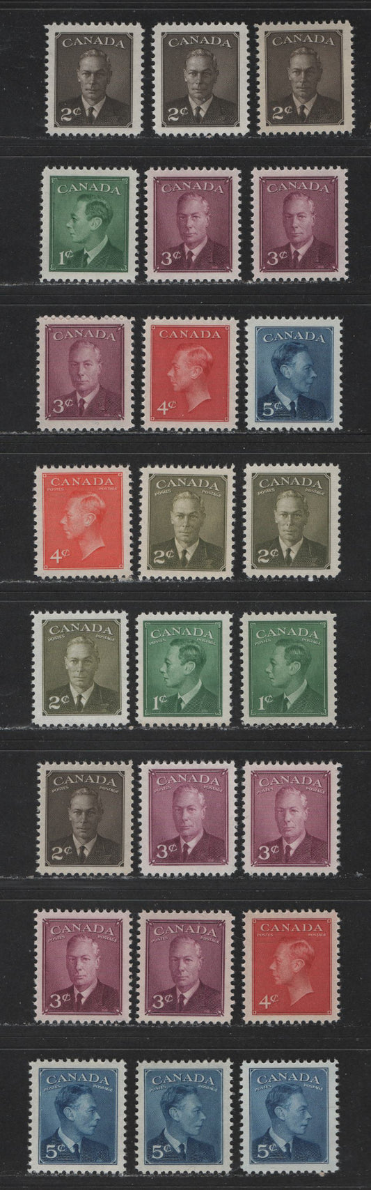 Lot 459 Canada #284-293, 305-306 1c-5c Green - Vermilion King George VI & Drying Furs, 1949-1952 Postes-Postage Issue, 24 VFNH Singles With Different Paper & Gum Types, As Well As Shades