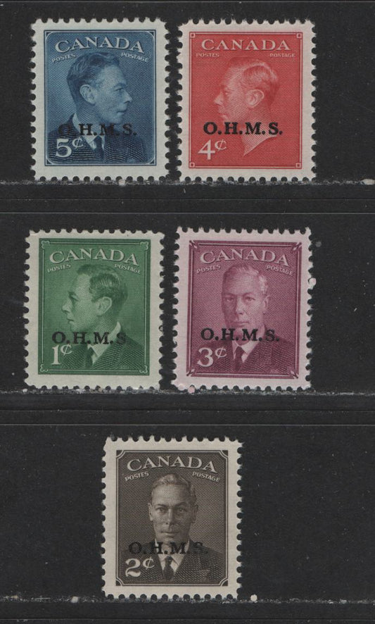 Canada #O12-O15A 1c-5c Green - Deep Blue King George VI & Drying Furs, 1949-1952 Postes-Postage Issue, 5 VFNH Singles Overprinted OHMS