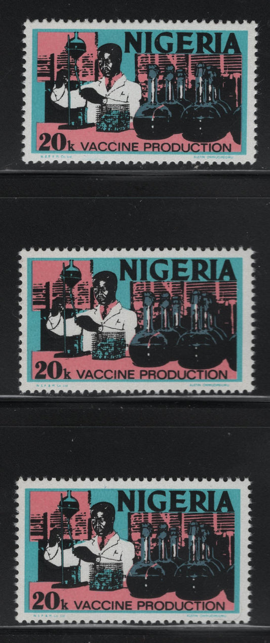 Nigeria #301a 20k Multicoloured Vaccine Production, 1973 Nigerian Life & Industry Definitive Issue, 3 VFNH Singles Scarce Photogravure Printings On HF/MF6 & MF7/MF7 Papers - Nearly All 20k Were Lithographed, No Periods In Imprint With One