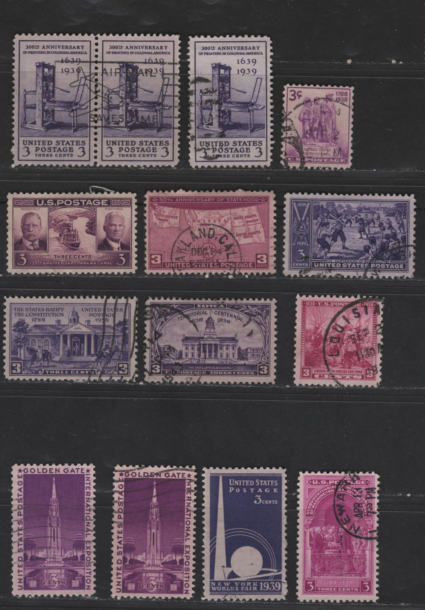 Lot 461 United States Of America #835/858 3c Shades Of Purple, 1938-1938 Constitution Ratification - 50th Anniversary Of Statehood Issues, 12 VF Used Singles & 1 Pair All With SON Numeral , CDS & Slogan Cancels, Scarce This Nice