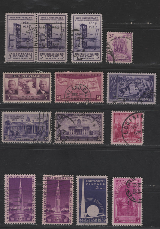 Lot 461 United States Of America #835/858 3c Shades Of Purple, 1938-1938 Constitution Ratification - 50th Anniversary Of Statehood Issues, 12 VF Used Singles & 1 Pair All With SON Numeral , CDS & Slogan Cancels, Scarce This Nice