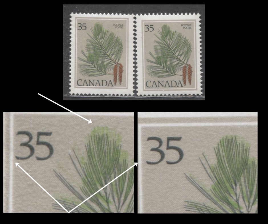 Canada #721var 35c Stone & Multicoloured White Pine, 1977-1982 Medium Value Tree Definitives, Two VFNH and FNH Singles, One Showing a Significant Upward Shift Of The Light Green, And A Downward Shift of The Dark Green