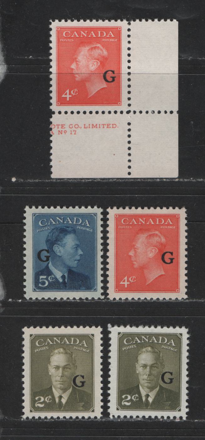 Lot 462 Canada #O20, O28-O29 2c-5c Deep Blue - Vermilion King George VI & Drying Furs, 1949-1952 Postes-Postage Issue, 5 Fine & VFNH Singles Overprinted "G" With Two Different Shades Of Olive Green & Vermilion