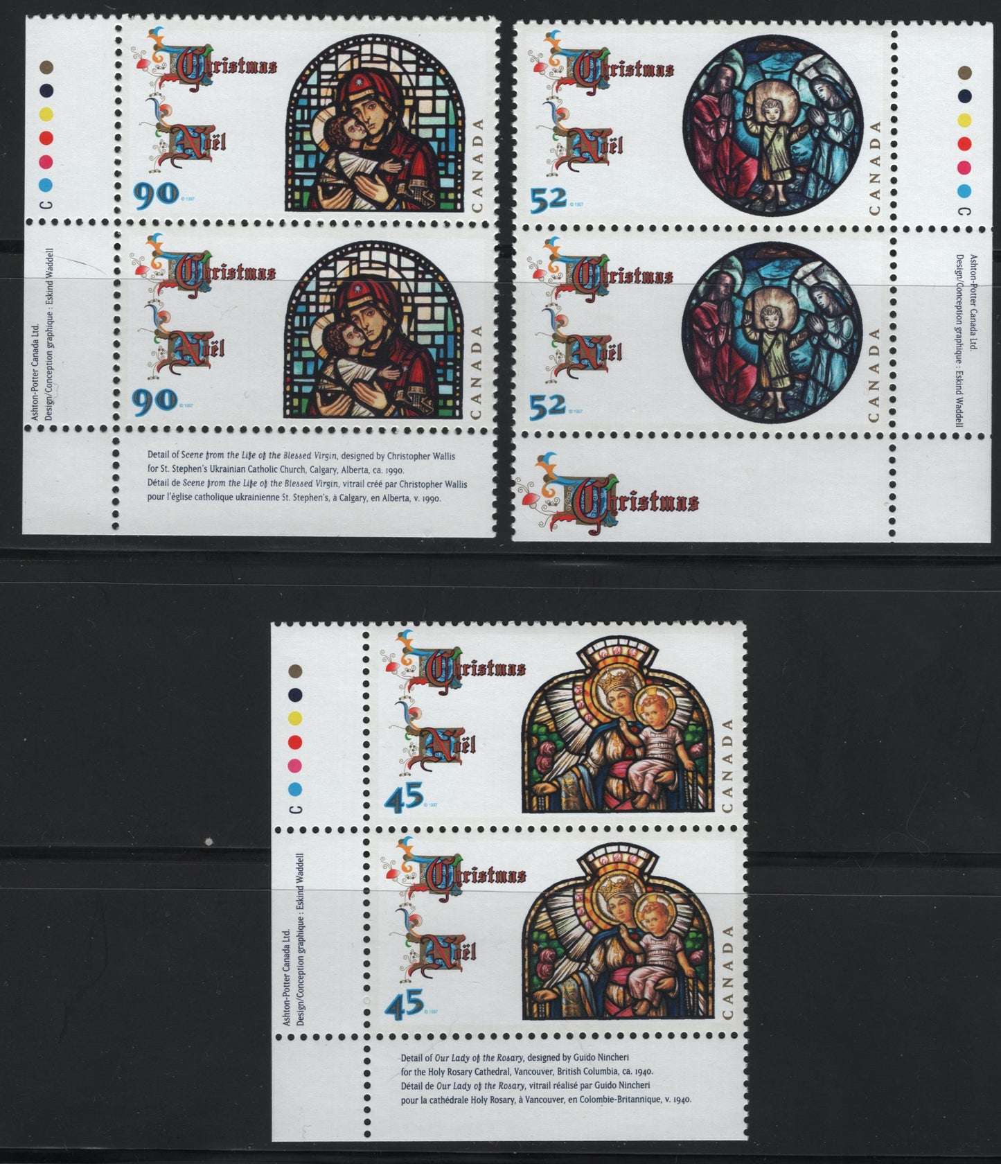 Canada  #1669-1671 45c-90c Multicoloured Our Lady Of The Rosary - Life Of The Blessed Virgin, 1997 Christmas Issue, 3 VFNH Inscription Pairs