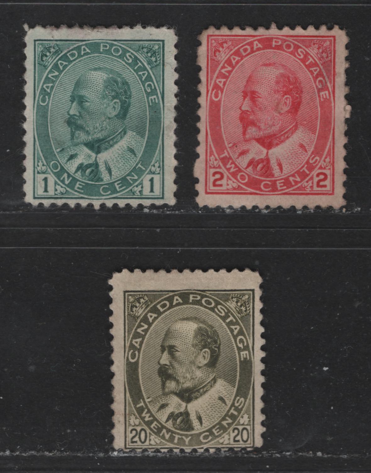 Lot 468 Canada #89, 90i, 94 1c, 2c, 20c Green, Rose Carmine & Olive Green King Edward VII, 1903-1910 King Edward VII Issue, 3 VG & Fine Unused Singles