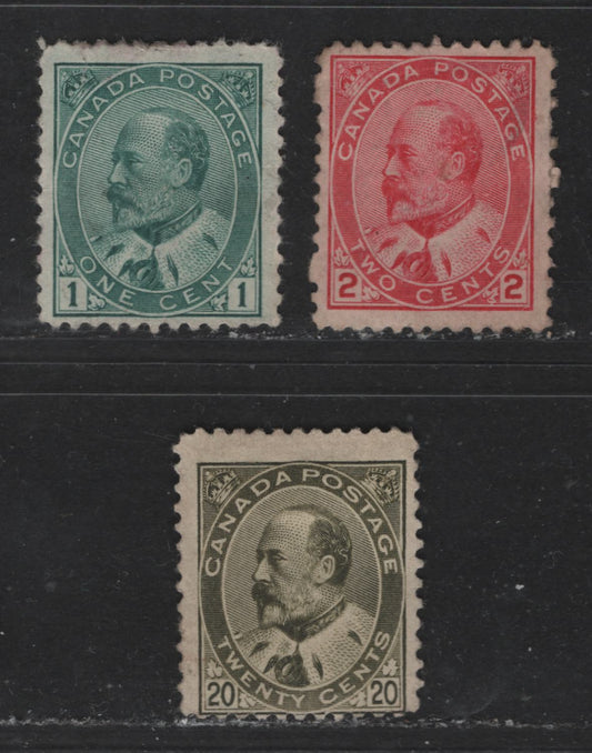 Lot 468 Canada #89, 90i, 94 1c, 2c, 20c Green, Rose Carmine & Olive Green King Edward VII, 1903-1910 King Edward VII Issue, 3 VG & Fine Unused Singles