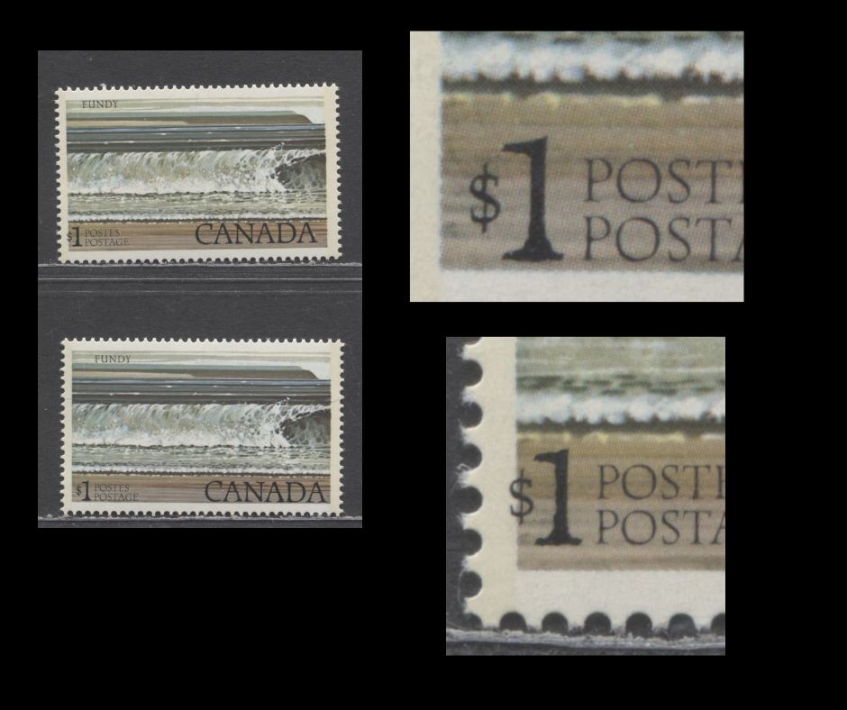Lot 247 Canada #726var $1 Fundy National Park, 1977-1982 National Park High Value Definitives, 2 VFNH Singles With One Showing Significant Leftward Shift of Inscriptions
