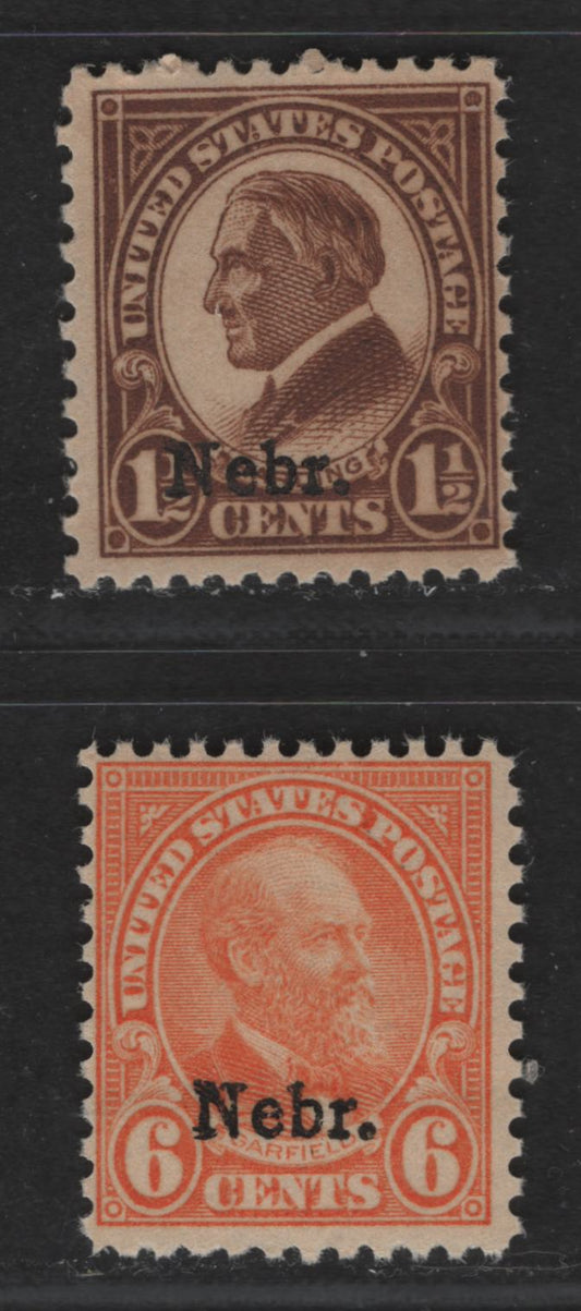 United States Of America #670, 675 1.5c, 6c Deep Yellow Brown & Pale Orange Harding & Garfield, 1929 Nebraska Overprints On 4th Bureau Issue, 2 Fine NH Singles