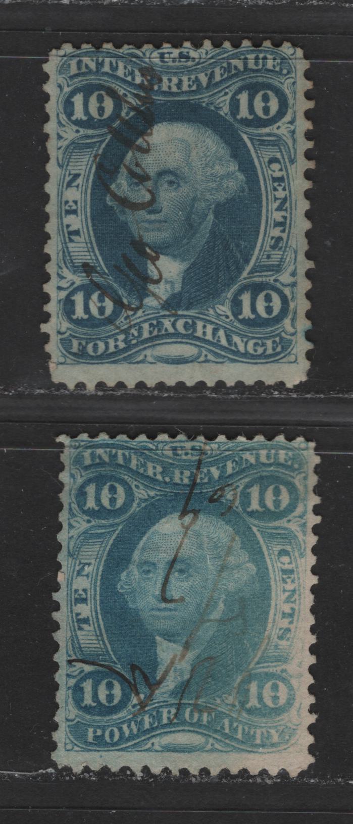 Lot 472 United States Of America #R35c, R37c 10c Blue George Washington, 1862-1871 First Revenue Issue, 2 Fine Used Singles Foreign Exchange & Power of Attorney, Perforated