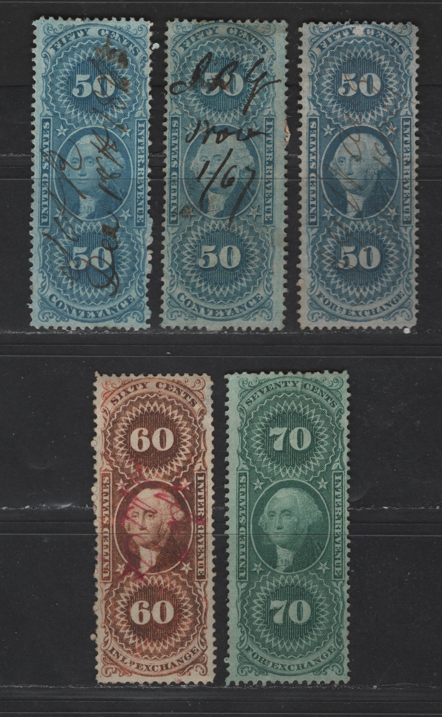 Lot 476 United States Of America #R54c, ce, R56c, R64c, R65c 50c-70c Blue - Green George Washington, 1862-1871 First Revenue Issue, 5 Fine Used Singles Conveyance, Foreign Exchange, International Exchange, All Perforated