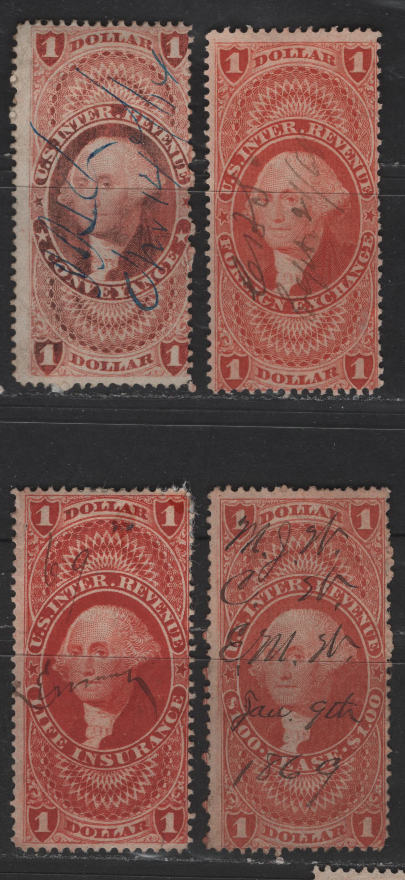 Lot 477 United States Of America #R66c, R68c, R70c, R71c 1 Red George Washington, 1862-1871 First Revenue Issue, 4 VG Used Singles Conveyance, Foreign Exchange, Life Insurance & Lease, All Perforated