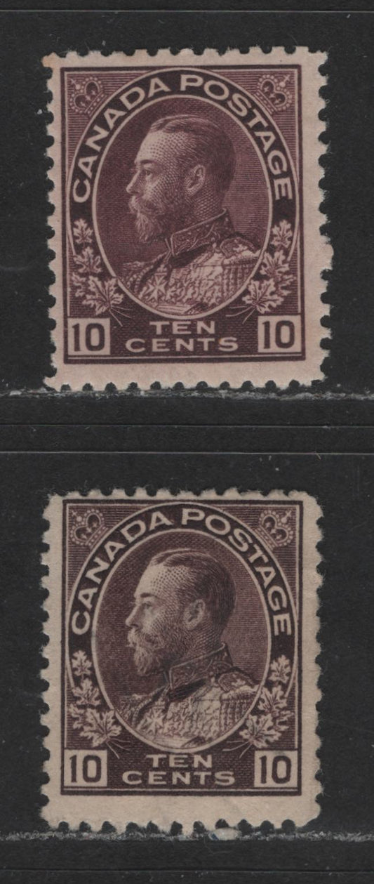 Lot 478 Canada #116, 116a 10c Plum & Reddish Purple King George V, 1911-1928 Admiral Issue, 2 Fine OG & Unused Singles Reddish Purple With OG, Plum Is Unused