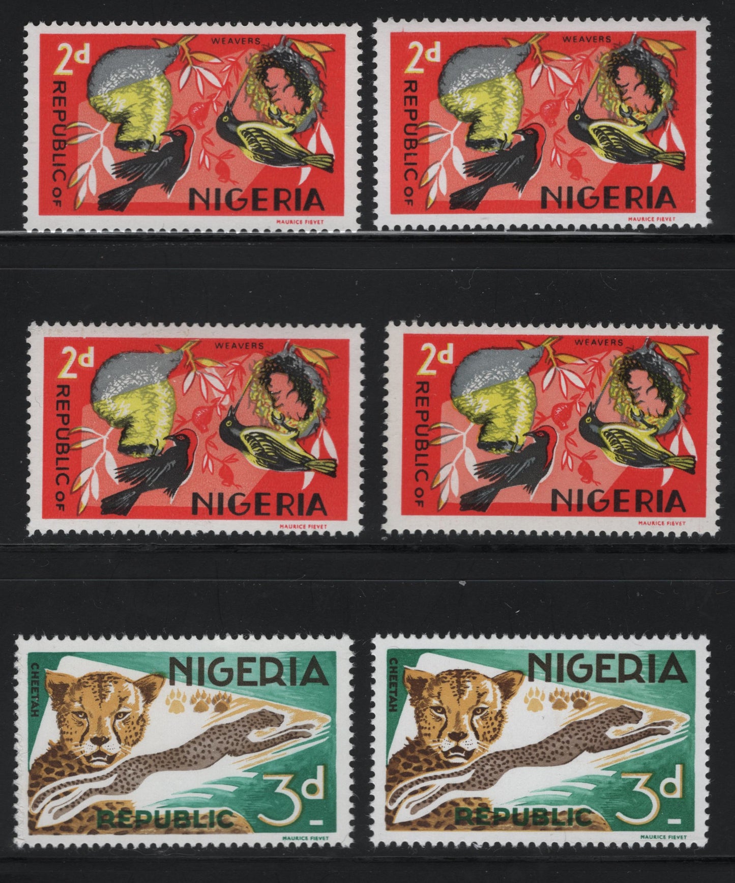 Nigeria #187-188 2d-3d Multicoloured Weavers & Cheetah, 1965-1966 Wildlife Issue, 6 VFNH Singles All With Different Front & Back Levels Of Fluorescence