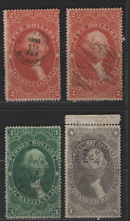 Lot 479 United States Of America #R81c, R82c, R84c, R86c $1-$3 Dull Red - Dark Green George Washington, 1862-1871 First Revenue Issue, 4 VG Used Singles Conveyance, Mortgage, Manifast, Inland Exchange, All Perforated, Small Faults But Fine Appearance