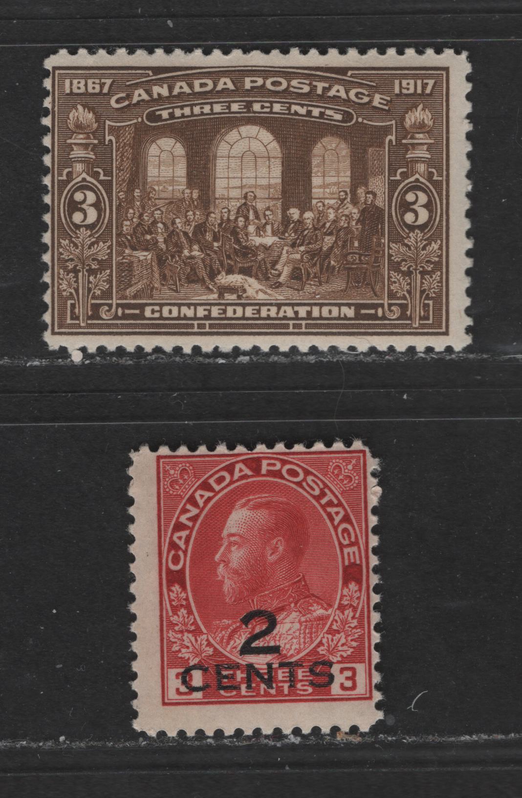 Lot 480 Canada #135, 140 2c on 3c, 3c Olive Brown & Carmine Red King George V & Fathers Of Confederation, 1911-1928 Admiral & 50th Anniversary Of Confederation Issues, 2 VG & Fine OG Singles