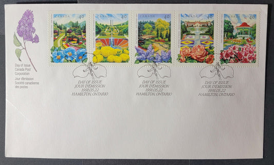 Canada #1315a 40c Multicoloured The Butchart Gardens - Halifax Public Gardens, 1991 Public Gardens Issue, A VF Official Canada Post FDC MF White Envelope Franked With A Se-Tenant Strip Of 5
