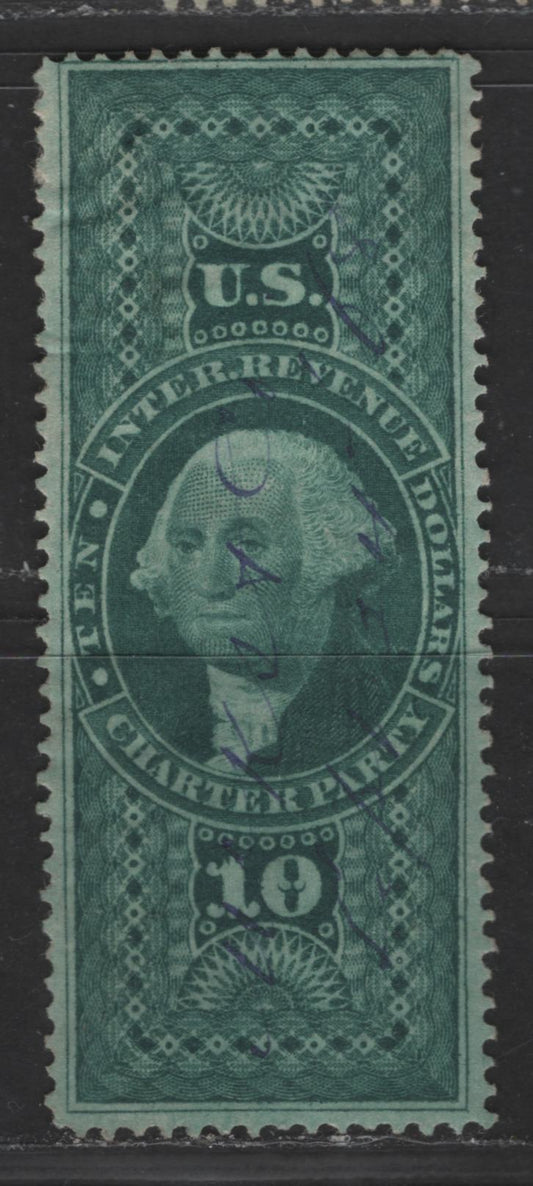 Lot 482 United States Of America #R93c $10 Dark Green George Washington, 1862-1871 First Revenue Issue, A Fine Used Single Charter Party, Perforated