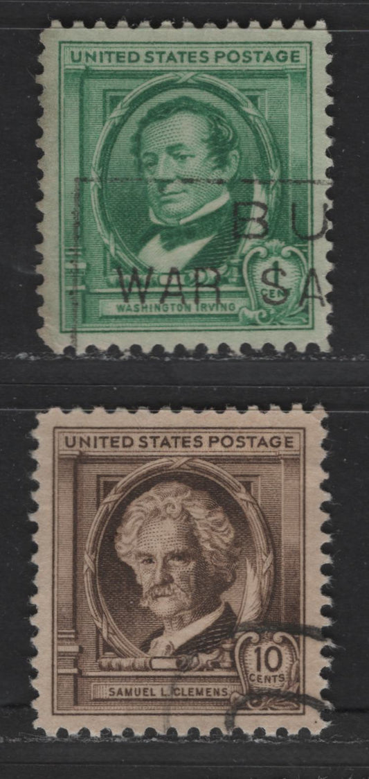 United States Of America #859, 863 1c, 10c Bright Blue Green & Dark Brown Washington Irving & Mark Twain, 1940 Famous Americans Issue, 2 XF & XF-SUP Used Singles