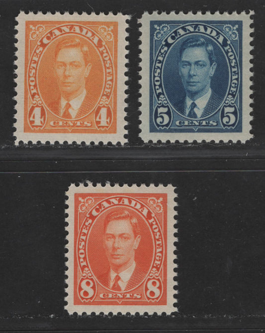 Canada #234-236 4c-8c Yellow - Deep Orange King George VI, 1937-1942  Mufti Issue, 3 VFNH Singles On Crisp, Vertical Wove Paper With Crackly Cream Gum