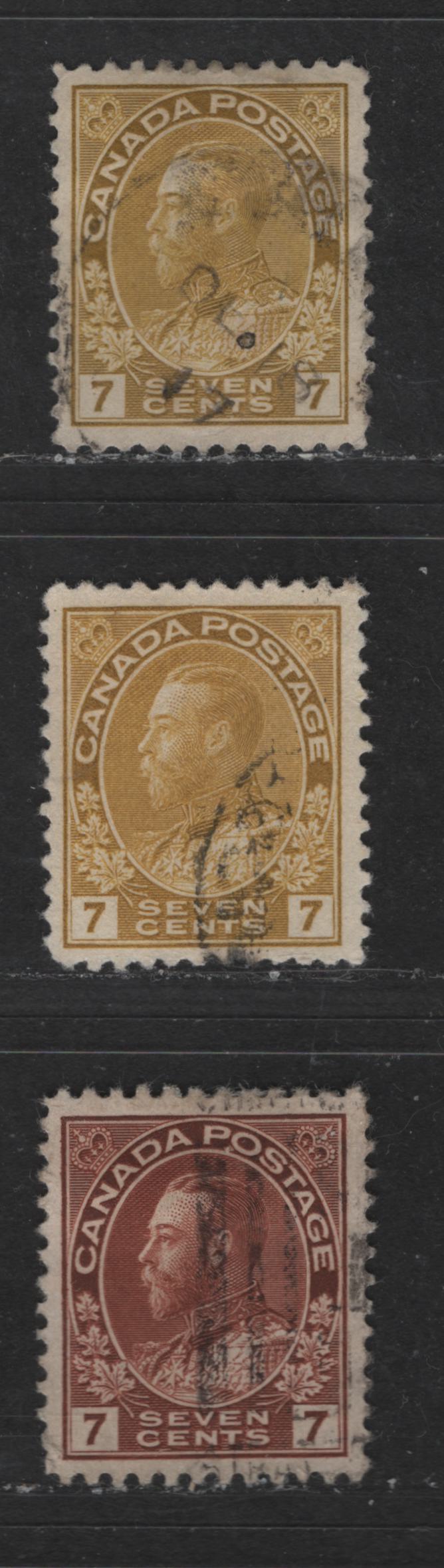 Lot 485 Canada #113a, 113iv, 114 7c Olive Bistre, Greenish Yellow & Red Brown King George V, 1911-1928 Admiral Issue, 3 VF Used Singles Wet & Dry Printings