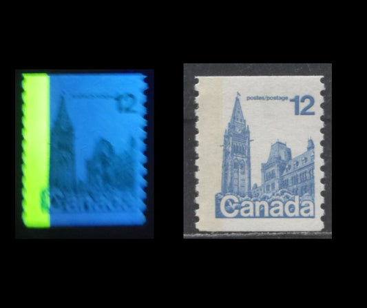 Lot 485 Canada #729iT1 12c Light Blue  Parliament Buildings, 1977-1982  Floral & Environment Issue, A Fine NH Coil Single On DF2/DF2 Paper, Moderate Tag, G2aL Tagging Error