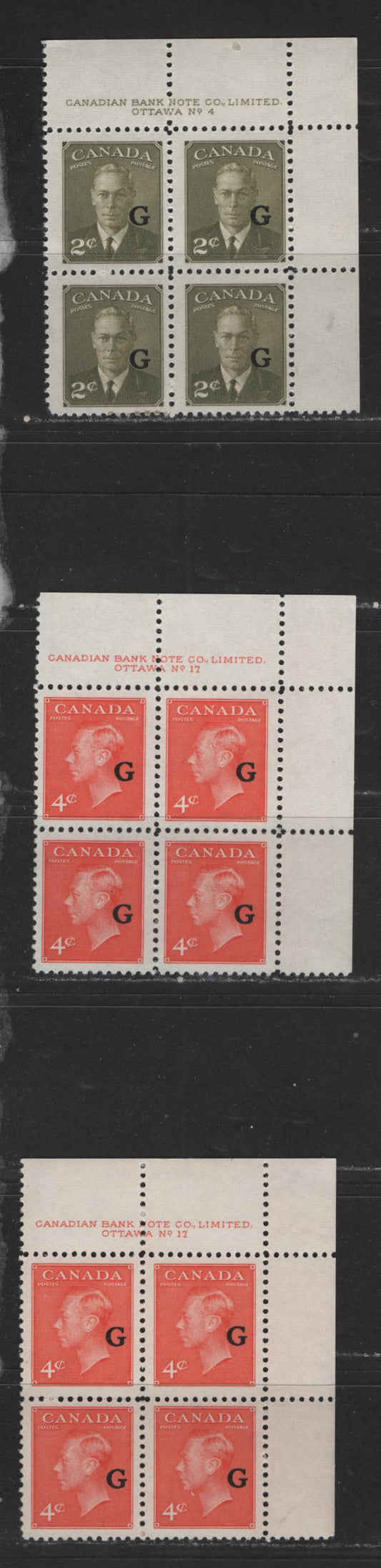 Lot 486 Canada #O28-O29 2c, 4c Olive Green & Vermilion King George VI & Drying Furs, 1949-1952 Postes-Postage Issue, 3 Fine & VFNH UR Plate 4 & 17 Blocks Overprinted "G", Two Different Shades Of Vermilion