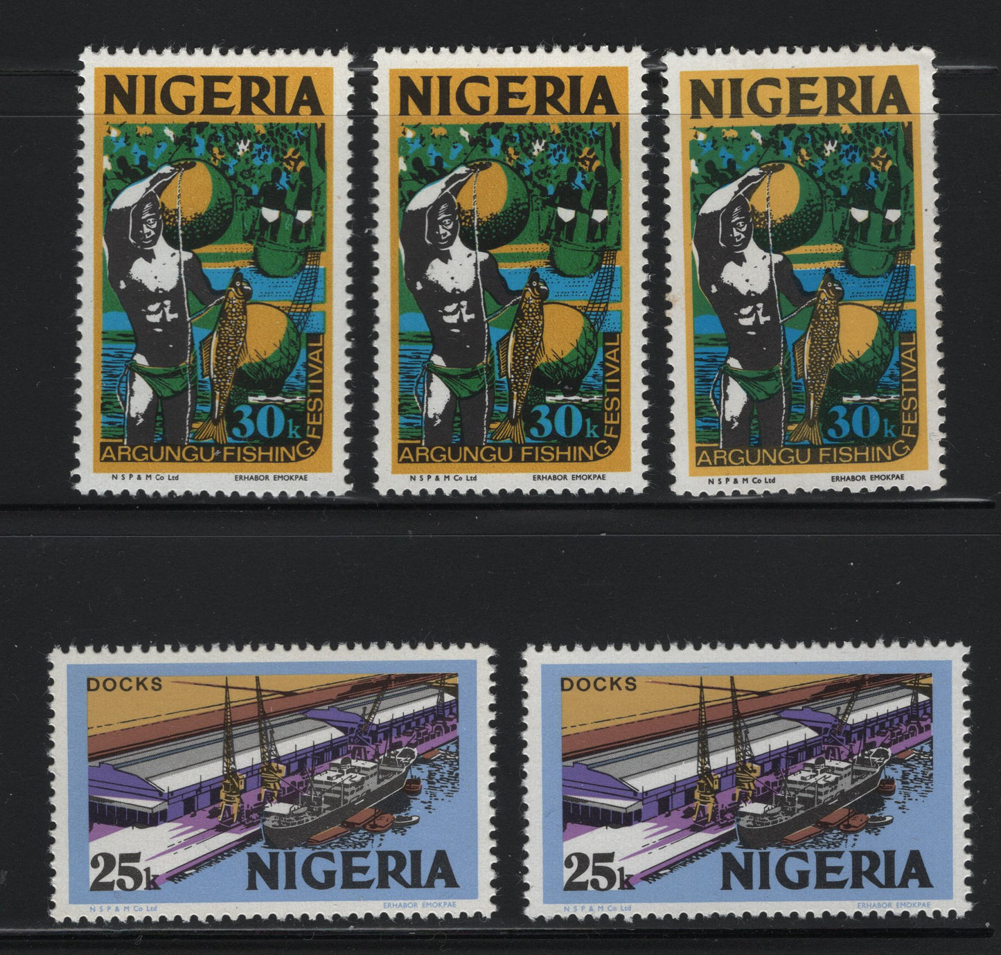 Nigeria #302-303 25k-30k 1973-1974 Nigerian Life & Industry Definitive Issue - Unwatermarked & Lithographed, 5 VFNH Singles Various Shiny Gum Arabic Printings, On Various Fluorescent Papers, Different From Lot 485