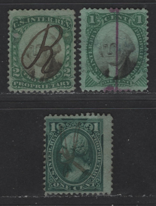 Lot 486 United States Of America #RB1b, RB2a, RB11 1c, 2c Green & Black & Dark Green George Washington, 1871-1881 First & Second Proprietary Issues, 3 Fine Used Singles On Green & Violet Paper