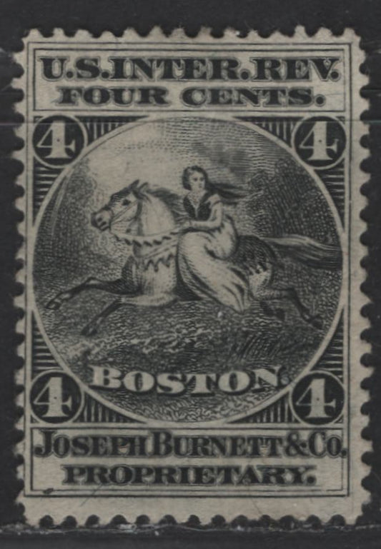 Lot 487 United States Of America #RS46a-b 4c Black Joseph Burnett & Co., 1871-1883 Private Die Proprietary Stamps, A Fine Used Single On Silk Paper