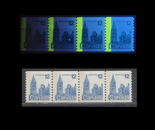 Lot 487 Canada #729T5 12c Light Blue Parliament Buildings, 1977-1982  Floral & Environment Issue, A VFNH  Coil Strip Of 4 On LF3/LF3 Paper, Light Tagging, G2aL Tagging Error