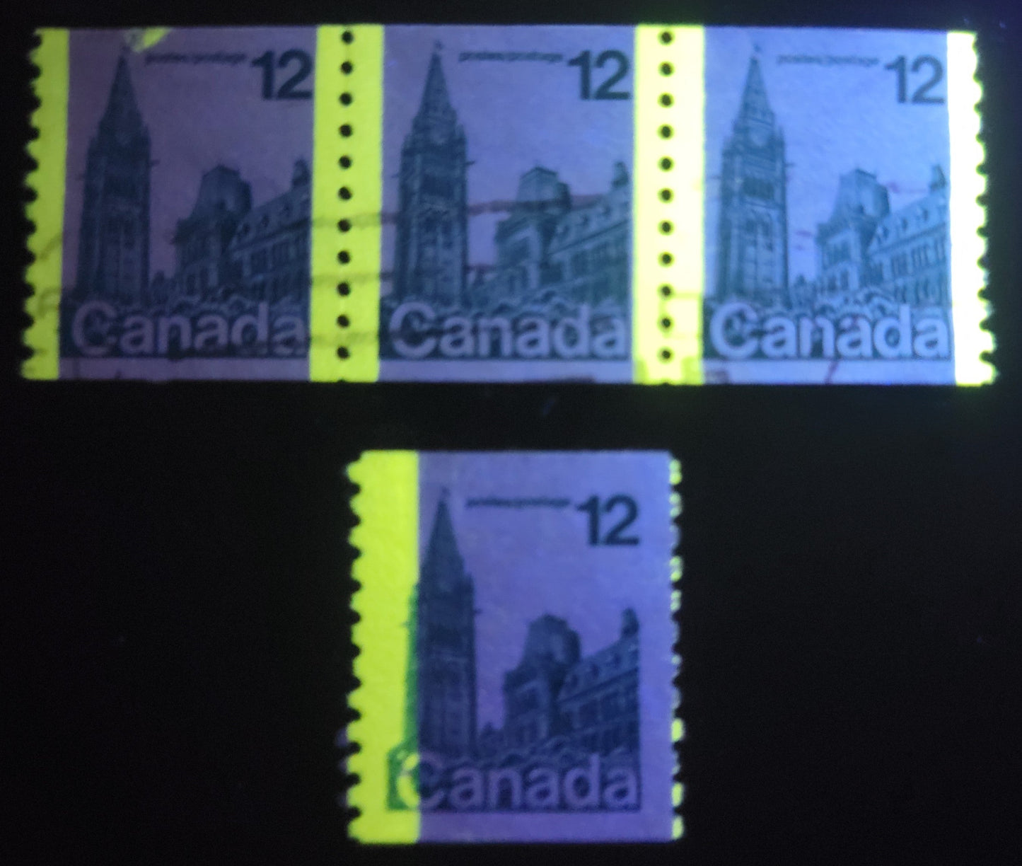 Lot 488 Canada #729T1, 729var 12c Light Blue Parliament Buildings, 1977-1982  Floral & Environment Issue, A VF Used Coil Strip Of Three & Single On LF/LF Paper, With Taggant Smudge At Top Of Stamp and G2aL Tagging Error