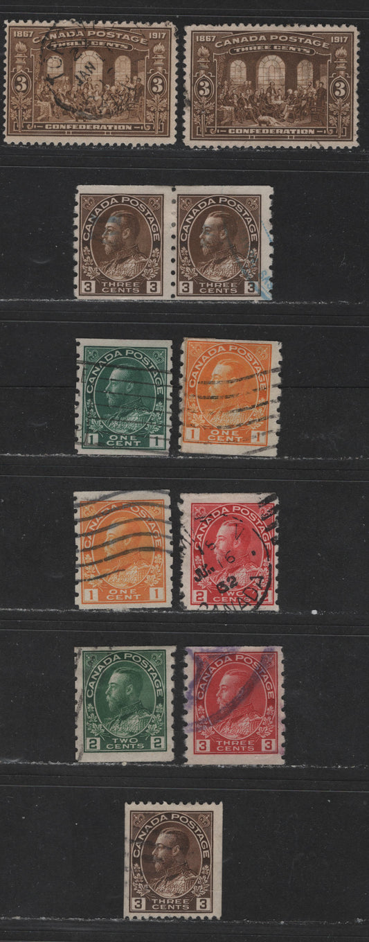 Lot 490 Canada #135-135i, 126, 126d, 125ii, 127-130, 134 1c-3c Dark Green - Olive Brown King George V, 1911-1928 Admiral Issue, 9 Fine Used Singles + Pair Perf. 8 Vertically, Wet & Dry Printings Plus Shades Of Confederation Issue