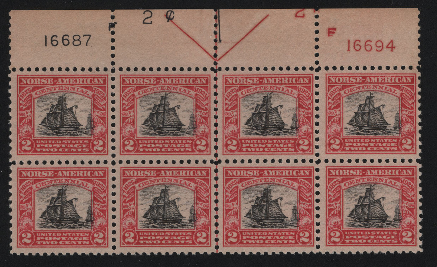 United States Of America #620 2c Black & Dark Carmine Sloop Restaurationen, 1925 Norse-American Issue, A VFNH Plate Block Of 8 Two Plate Numbers, 2c Counters And Large Arrow & Centre Line