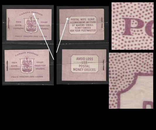 Lot 492 Canada #BK40a-b 3c Rose Purple King George VI , 1949-1952 Postes-Postage Issue, 2 Fine NH Complete Booklets 2 Panes Of 4, English Covers, Harris Type IIe Eii, One With Significant Curved Miscut At Bottom, No Rate Page & 7c&5c Rate Page