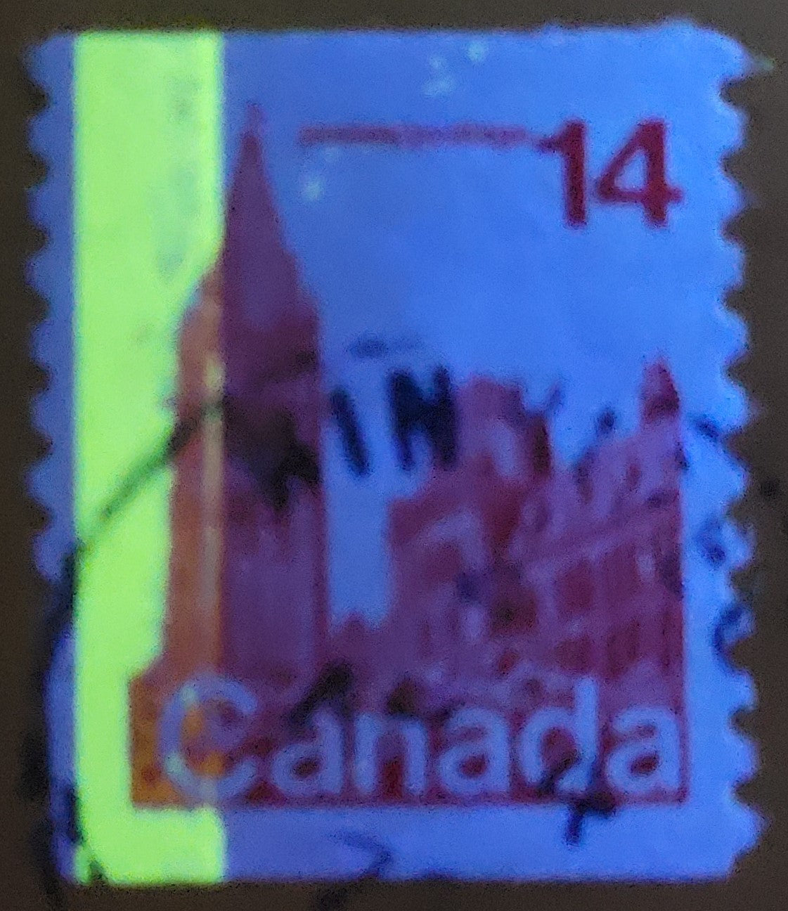 Canada #730ivT2 14c Rose Red Parliament Buildings, 1977-1982  Floral & Environment Issue, A VF Used Coil Single On LF3/LF3 Paper, Invisible Tag, G2aC Tagging Error