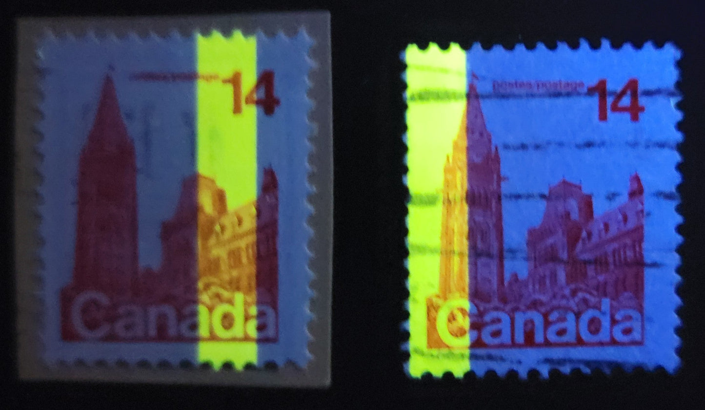 Lot 494 Canada #715T4, 715ixT2 14c Red Parliament Buildings, 1977-1982  Floral & Environment Issue, 2 Fine & VF Used Singles DF1/DF1 Paper, With G2aC Tagging Error & MF6/MF6 Paper With G2aL Tagging Error