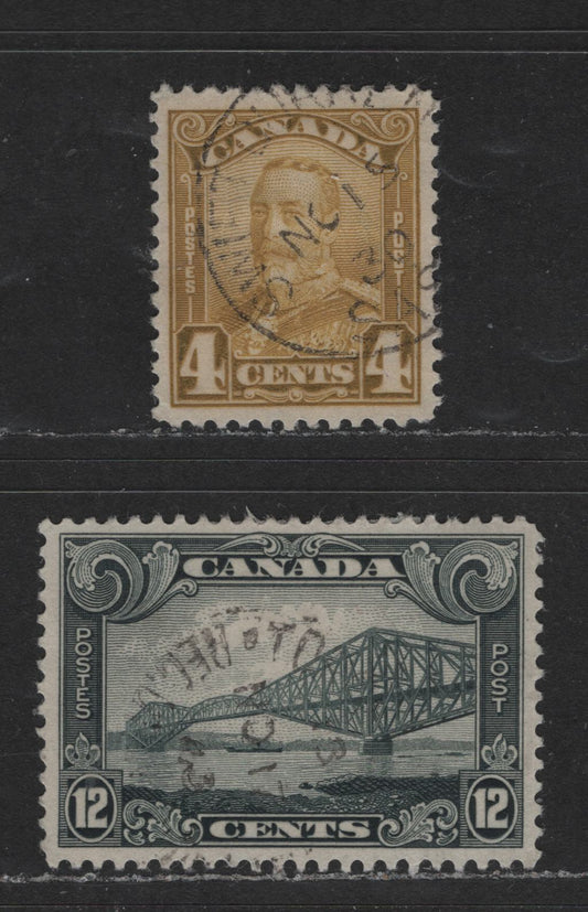 Lot 495 Canada #152, 156 4c, 12c Bistre & Greenish Black King George V & Quebec Bridge, 1928-1929 Scroll Issue, 2 VF Used Singles 4c With SON November 15, 1930 Swift Current CDS Cancel, Top Quality CDS Used Singles