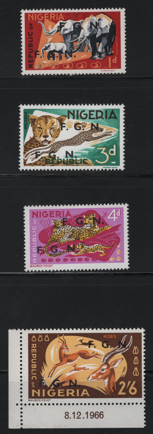 Nigeria #185var, 188var, 189var, 194var 1d-2/6d Multicoloured Elephants - Kobs, 1965-1966 Wildlife Issue, 4 VFOG & VFNH Singles With FGN Overprints On Different Papers, Black Overprint Offset On 4d