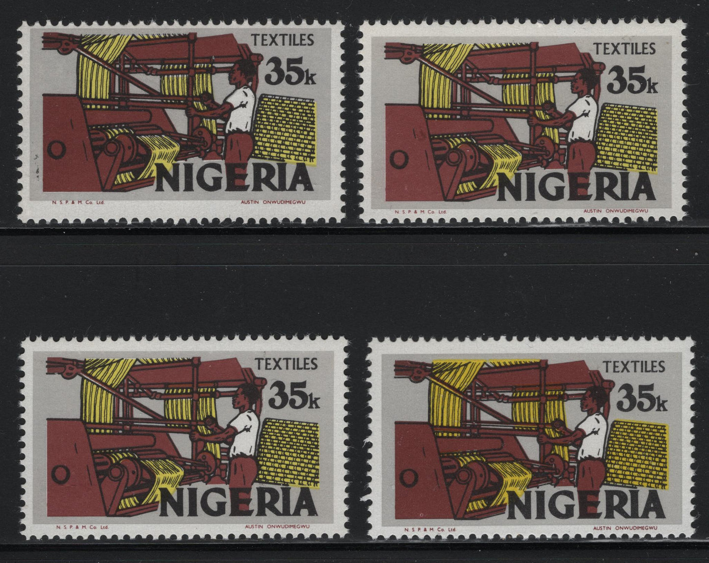 Nigeria #304 35k Textiles, 1973-1974 Nigerian Life & Industry Definitive Issue - Unwatermarked & Lithographed, 4 Fine & VFNH Singles Various Shiny PVA Gum Printings, Different Shades & Fluorescent Papers, Different From Lots 495 and 499