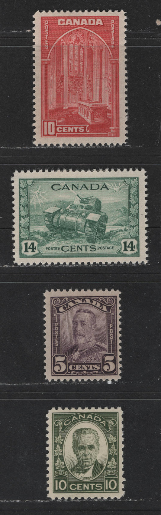 Lot 498 Canada #153, 190, 241, 259 5c-14c Dark Purple - Dull Green King George V, 1928-1942 Scroll - War Issue, 4 Fine OG Singles Various Paper & Gum Types