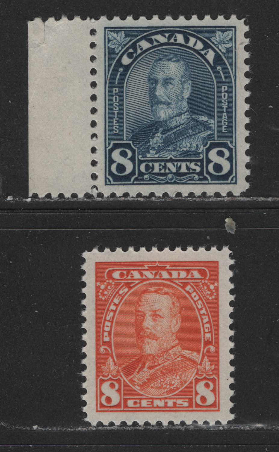 Lot 500 Canada #171, 222 8c Dark Blue & Orange King George V, 1930-1937 Arch & Dated Die Issues, 2 VFNH Singles White Gum On Arch Issue & Semi-Gloss Cream Gum On Dated Die Issue