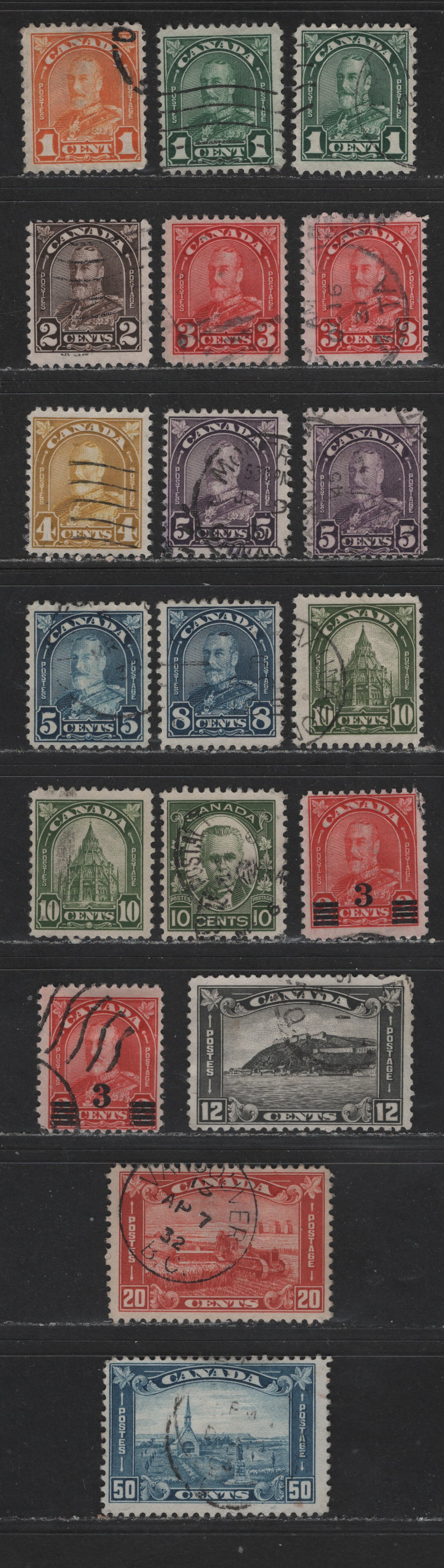 Lot 502 Canada #162/176, 190-191a 1c-50c Orange - Olive Green King George V - Georges Etienne Cartier, 1930-1935 Arch Issue, 19 Fine Used Singles Including Both Flat & Rotary Press 5c Stamps & Dies 1 & 2 1c Green