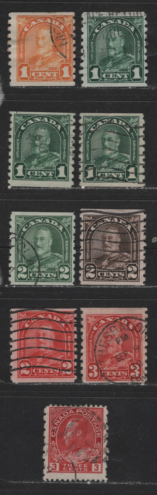 Lot 505 Canada #178-184 1c-3c Orange - Carmine Red King George V, 1930-1932 Arch Issue Coils & Admiral Provisional, 9 Fine Used Singles Including Three Shades Of 1c Green