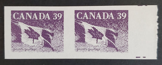 Lot 86 Canada #1194BF 39c  Slate Violet Canadian Flag, 1987-1991 Mammal & Architecture Issue,  VFNH Imperf Coil Pair The Montreal Lithographed Forgery, Right Sheet Margin Pair With Guide Markings