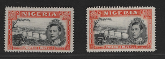 Nigeria #64bvar (SG#59bvar) 5/- Black & Bright Orange/Red Orange King George VI & Niger Bridge, 1938-1952 King George VI Definitive Issue, 2 VFOG Singles, Line Perf. 14.2, 1948 &  Feb. 1950 Printings