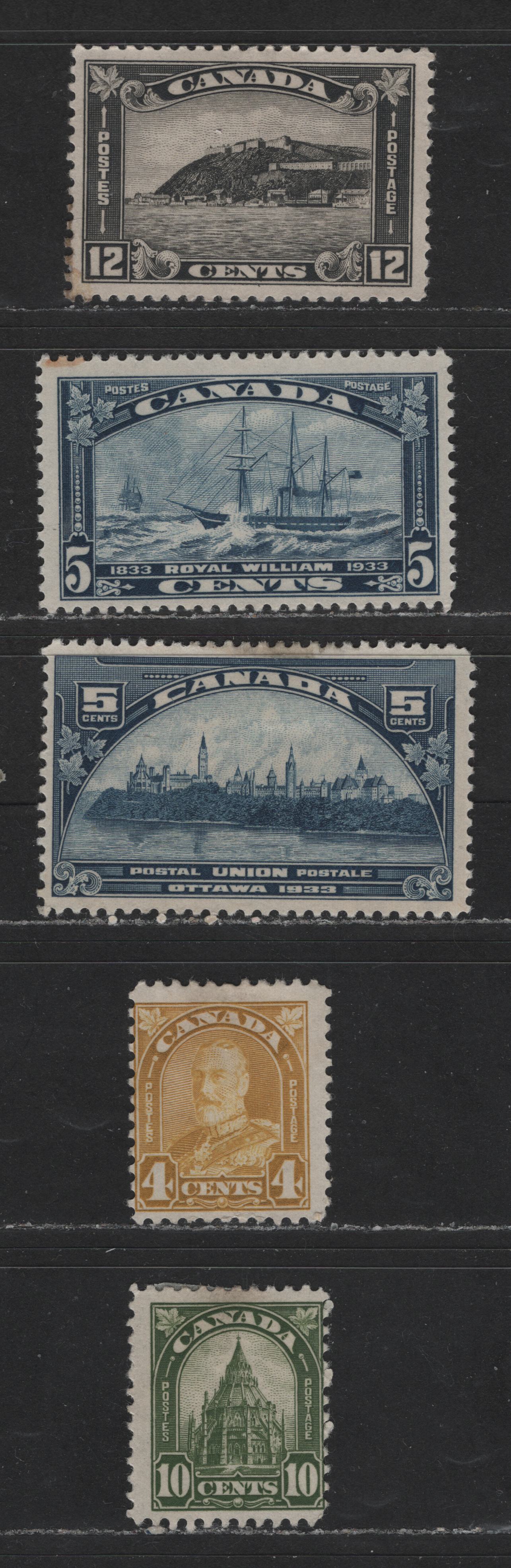 Lot 506 Canada #168, 173-174, 202, 204 4c-12c Yellow Bistre - Steel Blue King George V - Royal William, 1930-1935 Arch - Royal William Issues, 4 VG & Fine OG Singles 12c With Diagonal Crease & Others With Minor Light Stains