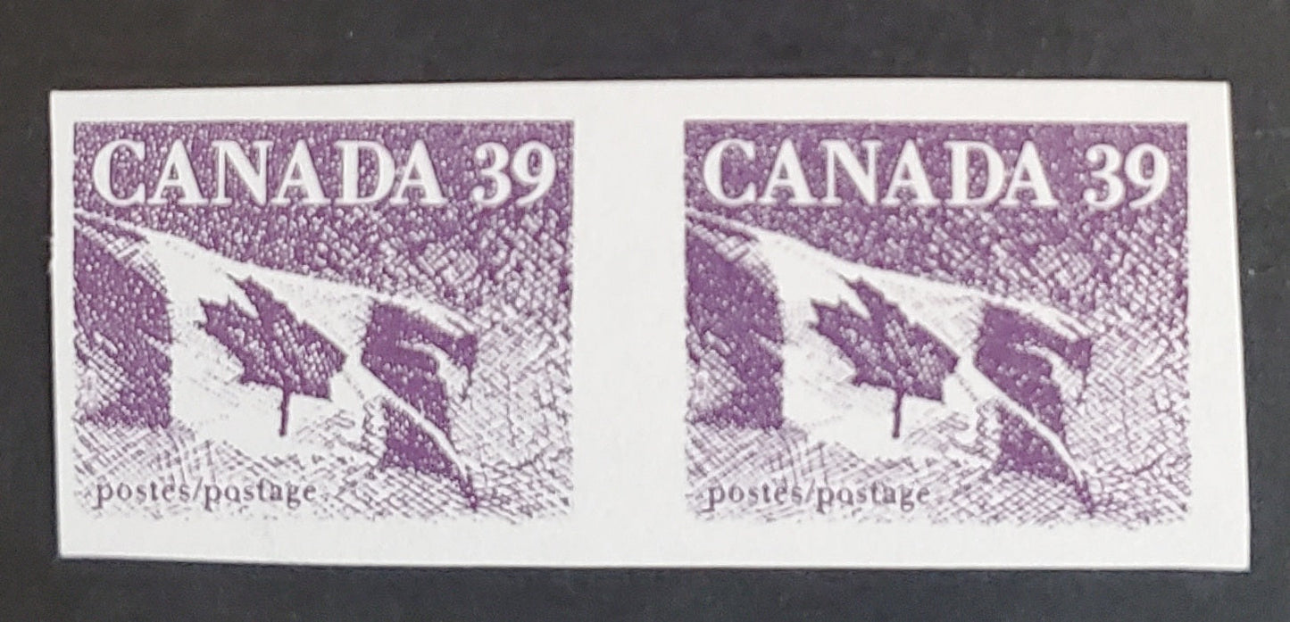 Canada #1194BF 39c  Slate Violet Canadian Flag, 1987-1991 Mammal & Architecture Issue,  Fine NH Imperf Coil Pair The Montreal Lithographed Forgery