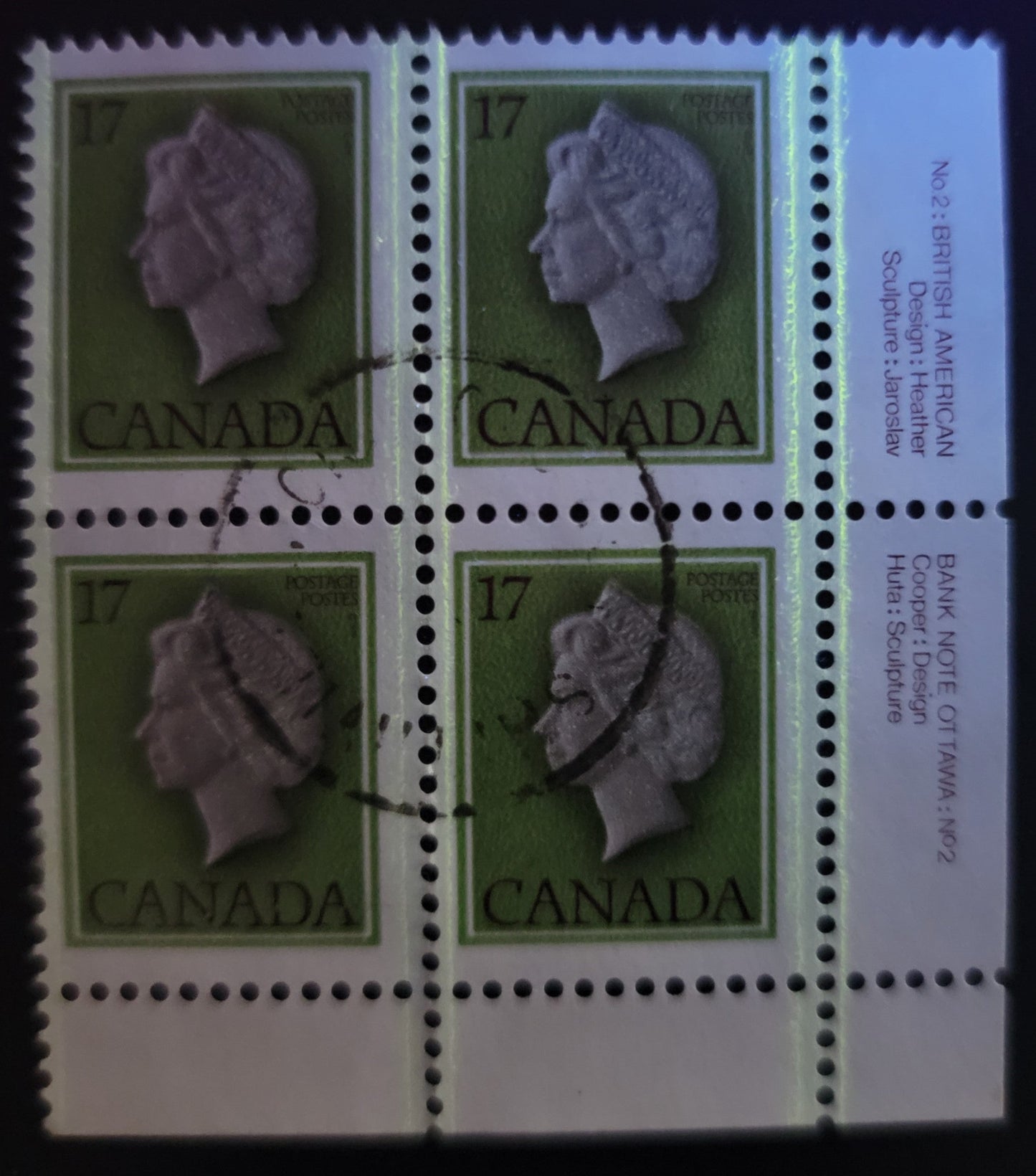 Lot 507 Canada #789var 17c Multicoloured Queen Elizabeth II, 1977-1982  Floral & Environment Issue, A Fine Used LR Plate 2 Block With Very Weak 3.5 mm Tagging, DF2/DF2 Paper