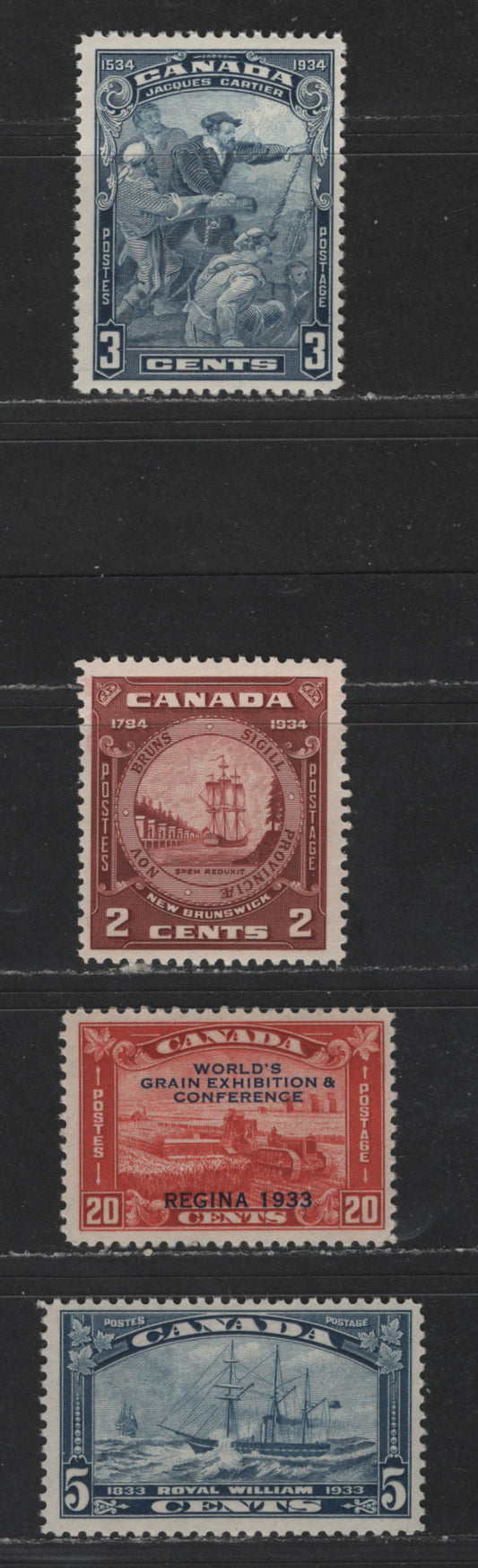 Lot 508 Canada #203-204, 208, 210 2c-20c Deep Brownish Vermilion - Red Brown Harvesting Wheat - NB Seal, 1933-1934 Regina Grain Exhibition - 150th Anniversary Of Founding Of New Brunswick, 4 Fine OG Singles